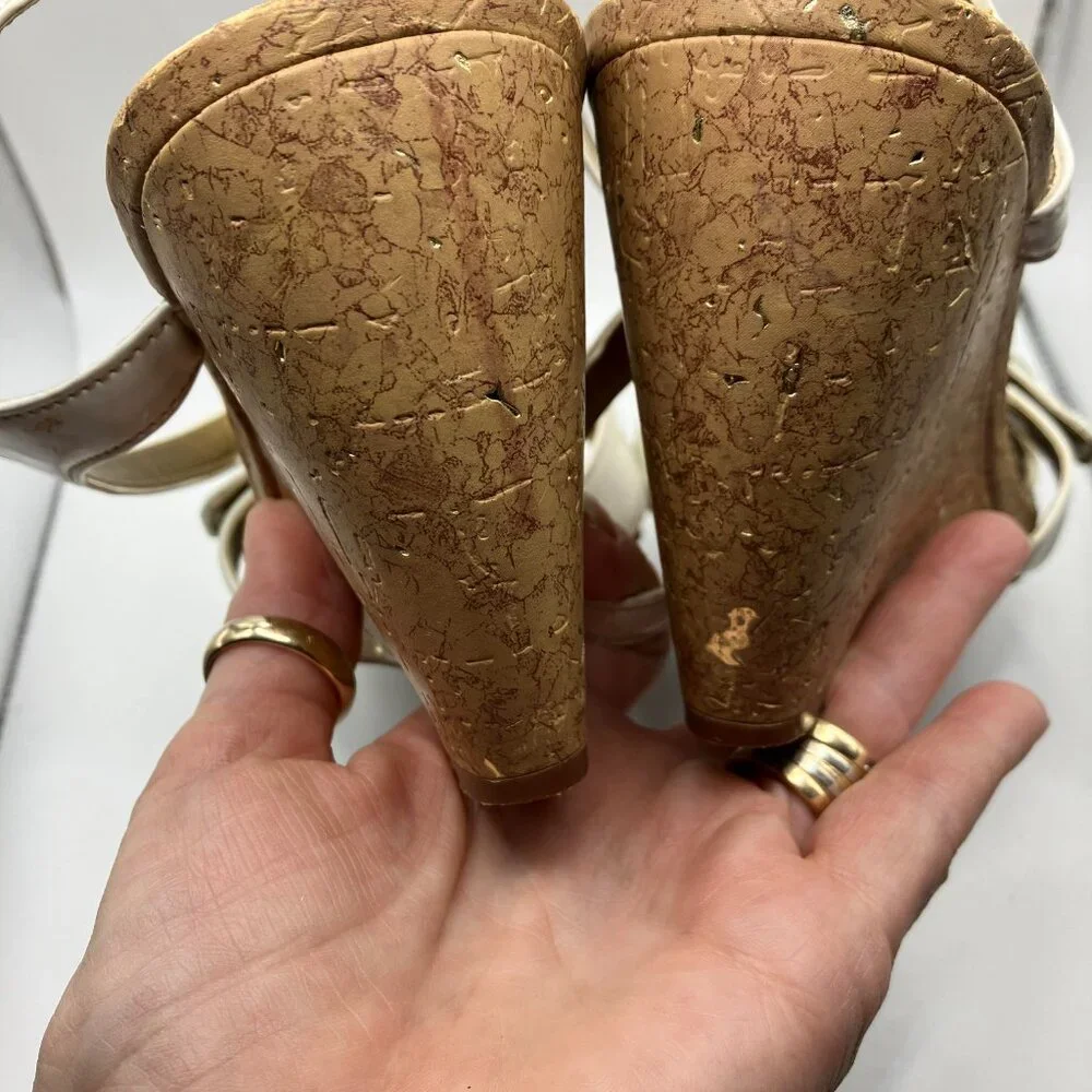 Naturalizer Sandals Leather White Cork 3.5 inch heel New Size 9 Like New